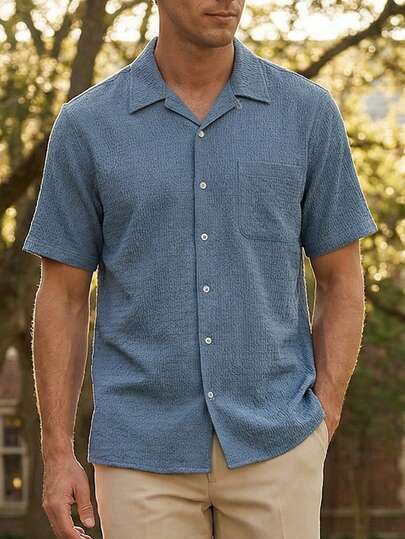 glestore Vintage Style Men's Coin Pattern Classic Solid Color Textured Front Button Short Sleeve Shirt, Suitable For Casual, Holiday, Commute In All Seasons, Multifunctional Fashion Essential