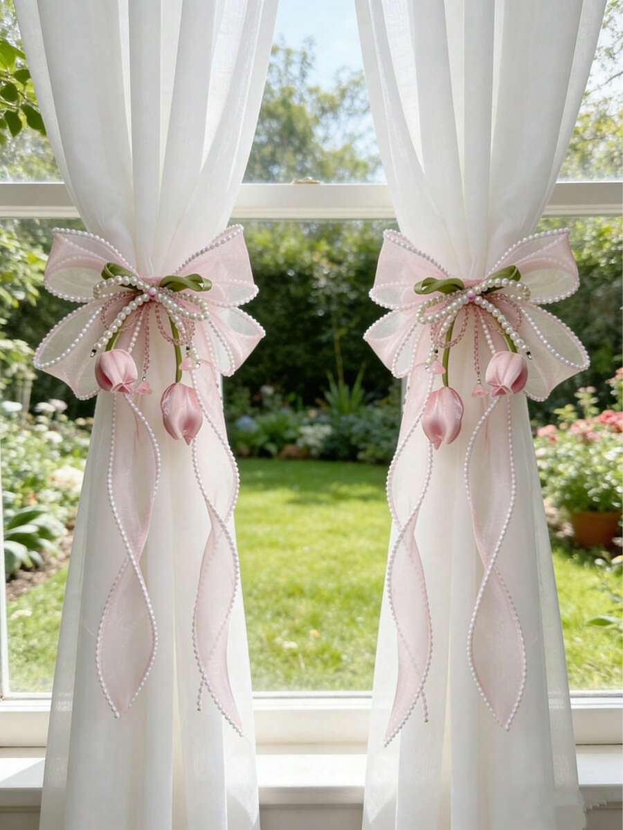 2 pièces/4 pièces Embrasses de rideaux en dentelle avec perles en forme de nœud papillon, décor de tulipes roses. Embrasses de rideaux de style princesse française avec ruban perlé pour la maison et les bureaux, décoratif - Rose bonbon - Voir 1