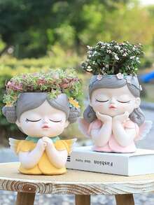 可爱仙女造型多肉植物盆栽，创意室内/室外花园装饰花盆，独特桌面装饰礼品 - 多色 - 查看 5