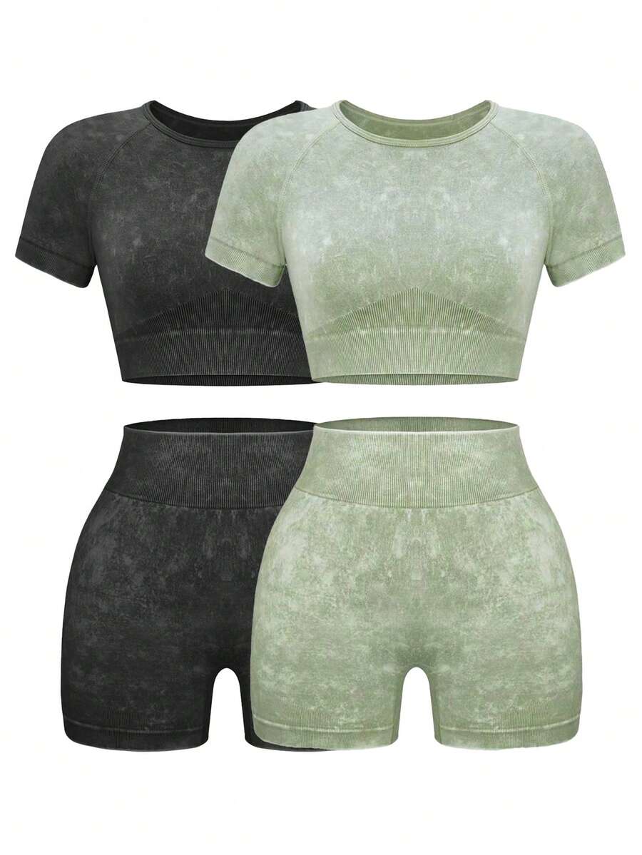 VVX 2 PCS Womens Workout Sets Seamless Acid Wash Yoga Outfits Shorts And Crop Top Matching Gym Athletic Clothing Set - 黑色/粉紅色 - 查看 1