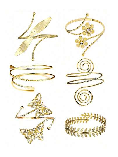 6pcs/Set Adjustable Silver & Gold Tone Arm Cuff Bracelet Set For Women
