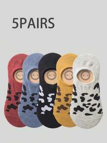 5pcs Unisex Leopard Print Boat Socks Mixed Pack – Perfect For Daily Wear - Multicolor - View 5