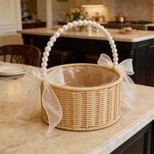 Artificial Woven Flower Girl Basket With Pearl Hand Grip Small Rattan Present Basket Decorative Picnic Hamper - 黃色 - 查看 5