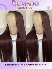 200% 超高密度顺滑直发假发 - 13x4 高清透明蕾丝前额巴西原生人发混纺，预先拔毛，带有婴儿绒毛和自然发际线，无胶前额假发，奢华超浓密丝滑造型，无需胶水，即戴即用 - 棕色 - 查看 2