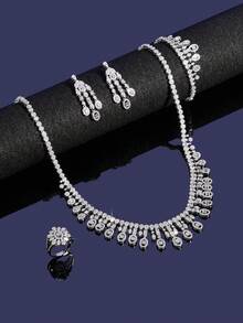 Bộ trang sức tua rua hình bầu dục 5 món sang trọng của Saudi Arabia, đính đá Zirconia, thích hợp cho cô dâu, dự tiệc, lễ phục và các dịp trang trọng. - B0462 - Xem 5