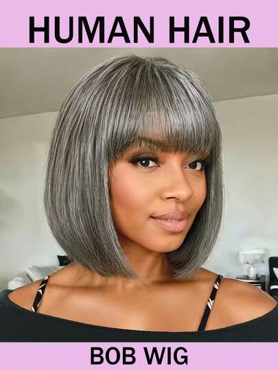 150% 密度灰色海水挑染短波浪波波头假发，直发无毛顺滑短波浪波波头假发带刘海，10 秒即可佩戴，女士短直发圣诞派对角色扮演日常造型假发