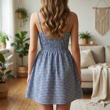 Women Summer Mini Bandeau Dress Off Shoulder Strapless Plaid Tube Top Dress With 2 Pockets - Royal Blue - View 2