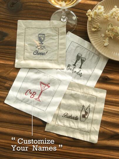 Personalized Embroidered Coasters With Name/Text And Champagne Pattern - Customized Cocktail Coasters For Weddings, Parties, Reusable Coaster Set - Elegant Tabletop Decor For Champagne, Wine, Ideal Gift For Holidays (Valentine's Day)