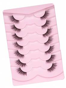 7 Pairs Short 3D Half-Strip Faux Mink Lashes With Transparent Band, Cat Eye Style, Natural Look Eyelashes - Black - View 6