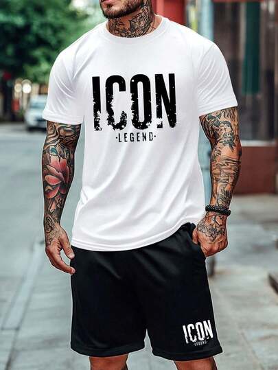 男士休闲夏季套装（2件套） - 短袖T恤和抽绳短裤，圆领无袖T恤，适合健身、运动、户外活动，男友风，字母和图案印花，常规版型，带口袋，白色