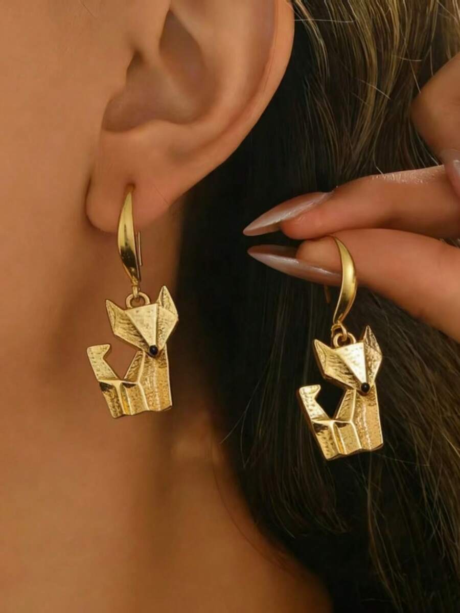 一对复古可爱狐狸造型吊坠耳环，适合女性日常、派对、旅行佩戴，简约百搭的珠宝礼品。 - 金黃色 - 查看 1
