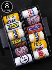 4 Pairs Of Men's Colorful Stylish Street Style Doodle Crew Socks, Random Colors, Fall - 多色 2 - 查看 3