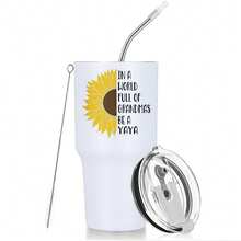 30oz Stainless Steel Tumbler Black White Options,  Sunflower And Text Design On Tumbler Graphic Cups, Insulated Travel Coffee Mug With Lid And Straw , Double Wall Vacuum Reusable Travel Cups,  Funny Birthday Party Gift For Men - 白色 - 查看 1