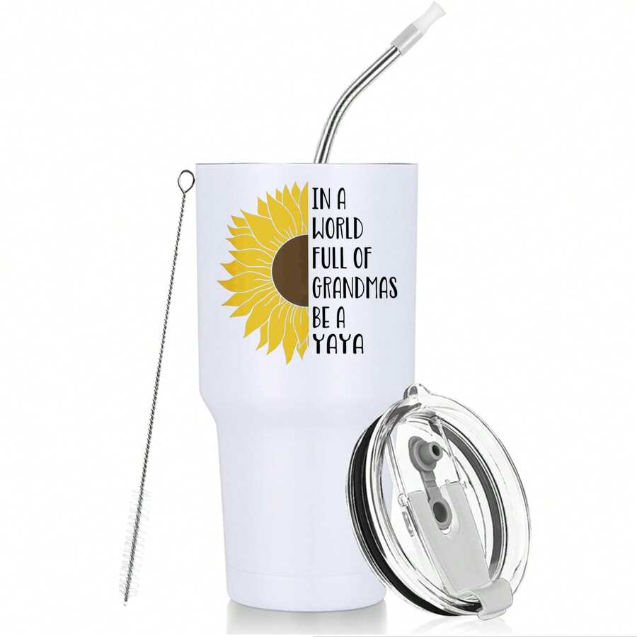 30oz Stainless Steel Tumbler Black White Options, Sunflower And Text Design On Tumbler Graphic Cups, Insulated Travel Coffee Mug With Lid And Straw , Double Wall Vacuum Reusable Travel Cups, Funny Birthday Party Gift For Men - 白色 - 查看 1