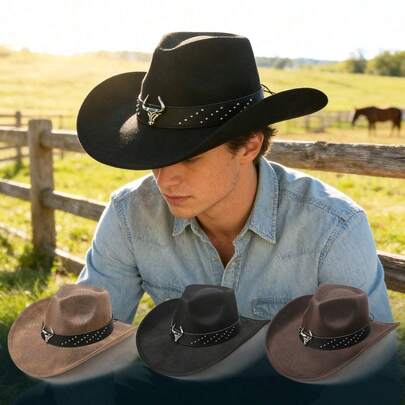 男士复古西部牛仔帽，金属牛头装饰帽，宽檐防晒户外骑行帽