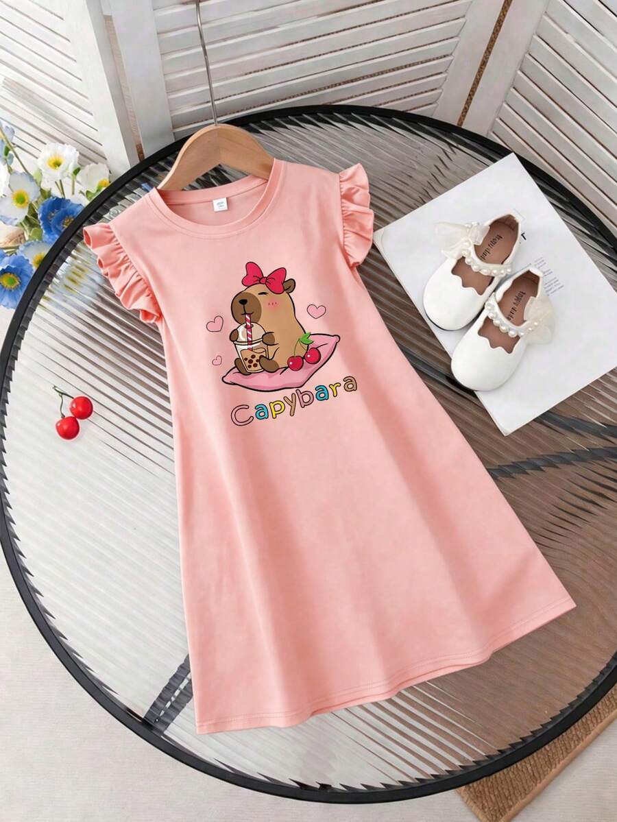Cute Cartoon Pattern Dress For Teenage Girls, Suitable For Spring/Summer And Vacation Occasions - Pink - View 1