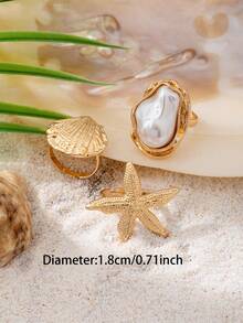 3件套金色海星贝壳珍珠戒指套装，波西米亚海洋风，精致时尚，适合夏季度假和海滩风格配饰 - 彩色 - 查看 3