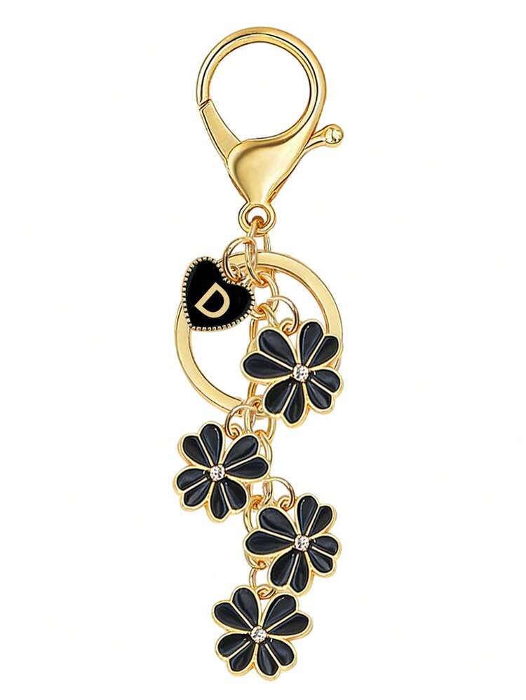 1pc Black Clover Flower Letter Keychain, Cute Initial Keyring With Floral & Enamel Charm For Women, Handbag/Backpack Accessory - Black - View 5