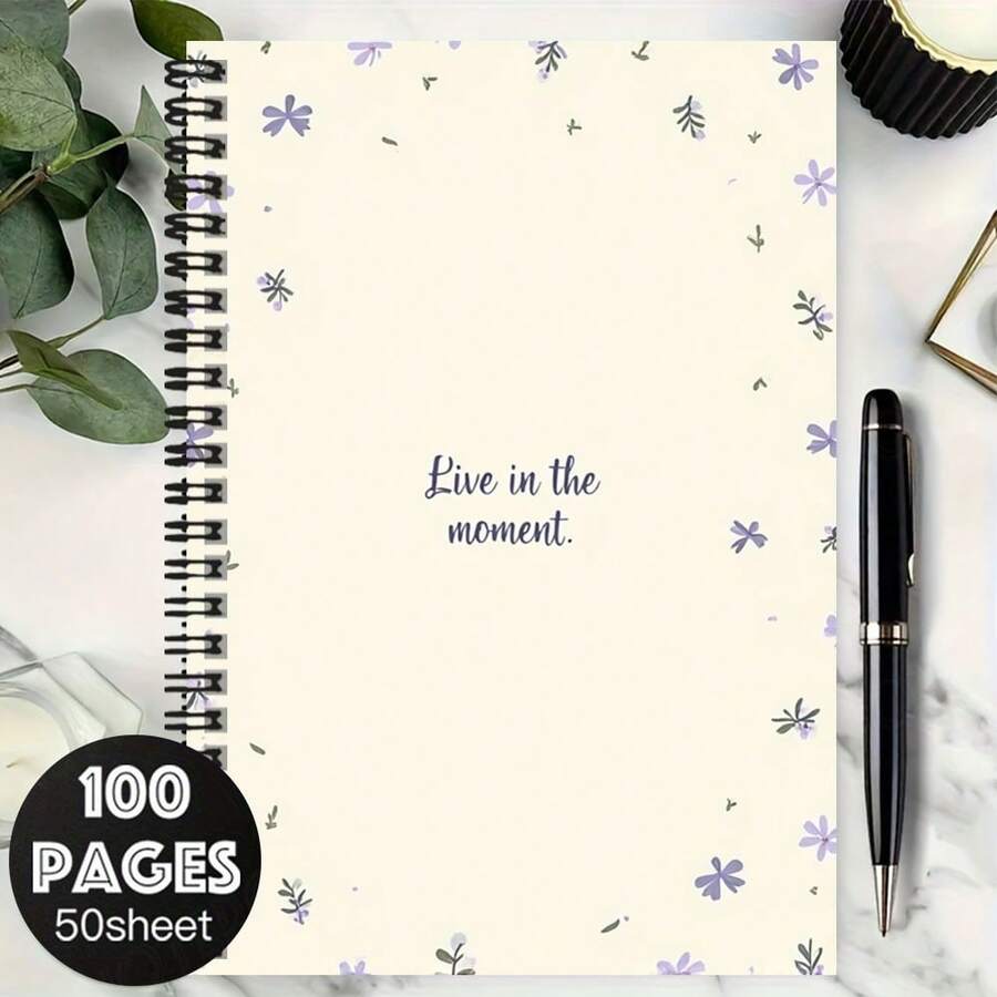 100-Page Artistic Floral Pattern Spiral Notebook, Purple Cover, Suitable For Work Records, Study Notes, School Daily Use. Can Be Used As Graduation Gift, Birthday Gift, Diary, Daily Planner, Memo Pad, A Thoughtful Gift Choice. - Y - View 1