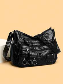 Women's PU Rivet Iron Ring Small Accessory Retro Gift Bag, Portable Versatile Large Capacity Crossbody Bag - Black - View 12