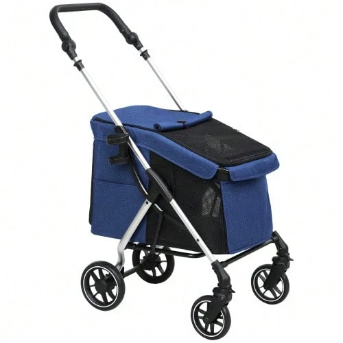 Lightweight Aluminum Dog Stroller, Foldable Dog Buggy For Dogs And Cats Up To 10 Kg, Cat Buggy With Cushion, Mesh Windows, Doors, Storage Basket, Dark Blue - Blue - View 1
