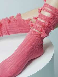 Distressed Striped Hobo Style Minimalist Streetwear Mid-Calf Slouch Socks For Women - Multicolor - View 7