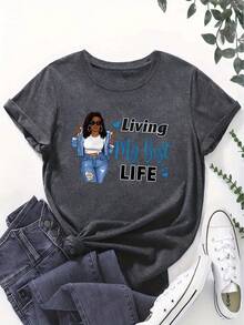 Women's 'Living My Best Life' T-Shirt- Fashionable White, Stylish Character And Letter Design, Comfortable Polyester Fiber, Casual Style, Perfect For Daily Wear Or Valentine's Day Gift - 黑色 - 查看 6