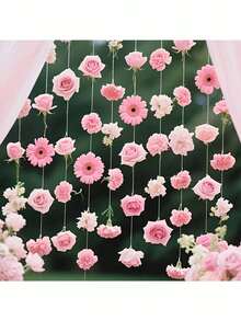 51 piezas Conjunto de decoración de cascada de flores rosas: Kit de decoración DIY - Incluye flores artificiales rosas y 1 rollo de cuerda transparente. Para cortina de flores falsas DIY o "lluvia de pétalos" en cascada. Ideal para decoración de bodas, fiestas, San Valentín, despedida de soltera y cumpleaños (flores rosas surtidas). También es excelente para accesorios de fotografía de bodas, decoración de despedida de soltera y decoración de bodas al aire libre. - Flor de cascada rosa - Ver 2