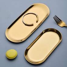 18x8.5厘米椭圆形金属托盘（金色），圣诞金色餐盘，水果盘，甜点盘，小吃盘，沙拉盘，蛋糕盘，适用于餐厅、厨房、餐桌、圣诞节 - 金色 - 查看 5