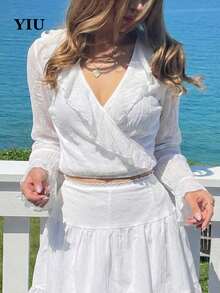 Women's Solid Color V-Neck Ruffle Splice Casual Commuter Long Sleeve Top - Cream - View 3