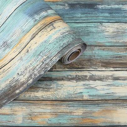 1卷（1米/3米/5米）复古蓝色木纹壁纸，宽15.75英寸，美式复古装修风格，自粘式，可移除，不留残胶，防水防潮，易于清洁，适用于洗衣机、抽油烟机、厨房、橱柜、浴室、餐厅、桌面等家居装饰PVC装修贴纸