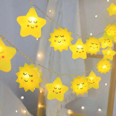 1pc Star & Sun LED String Lights, Battery Powered (Batteries Not Included), Indoor Decor, Suitable For Summer, Birthday, Wedding, Bedroom, Creates Warm Atmosphere