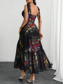 Women's Gothic Elegant Vintage Floral Print Bow Shoulder Ruffle Midi Dress Vacation Summer - Multicolor - View 6