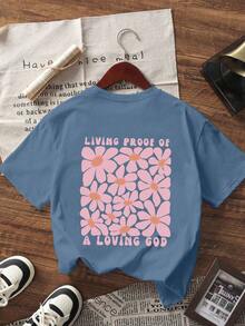1pc Tween Girls Floral Print Dark Grey Short Sleeve T-Shirt, Student Young Casual Comfortable Fashionable Summer Top - Dusty Blue - View 3