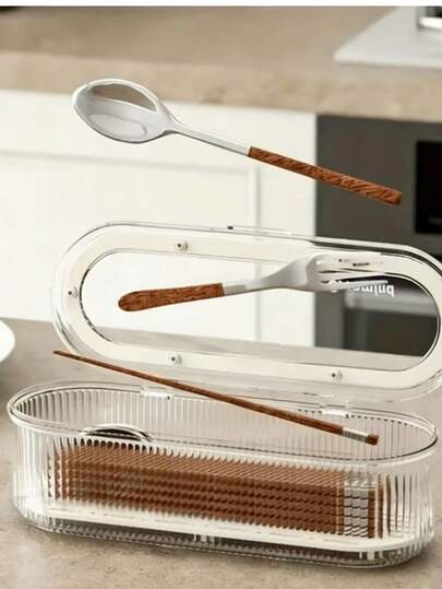 1 علبة بلاستيكية أنيقة لتنظيم أدوات المائدة، مناسبة لتخزين السكاكين والشوك والملاعق والعيدان والأدوات المطبخية الأخرى، مقاومة للغبار والرطوبة، مع حصيرة تصريف