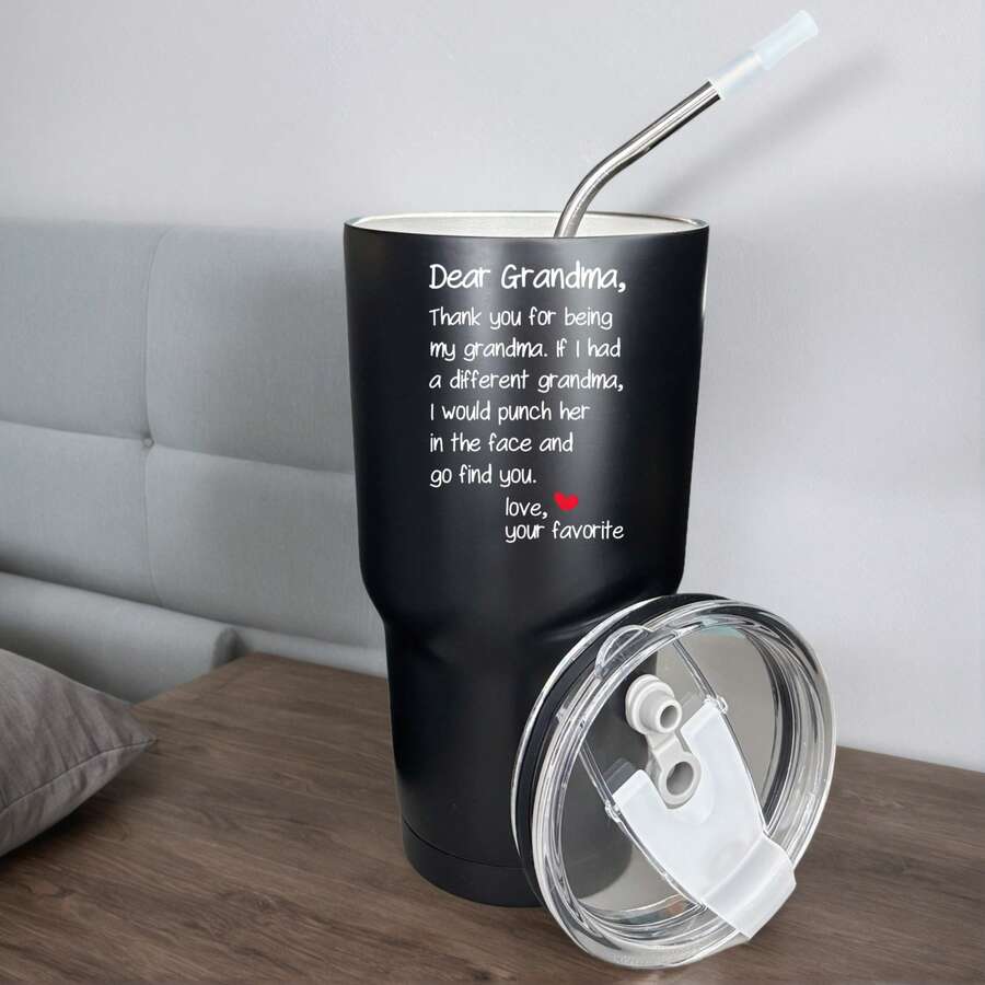 30oz Stainless Steel Tumbler Black White Options, Dear Grandma Thank You For Being My Grandma Graphic Cups, Insulated Travel Coffee Mug With Lid And Straw , Double Wall Vacuum Reusable Travel Cups, Funny Birthday Party Gift For Men - 黑色 - 查看 1