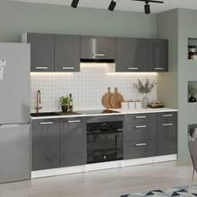 Miroytengo Conjunto de móveis de cozinha Vetro branco brilhante cinza, 8 módulos, 240 cm de largura: 4 armários altos com 2 portas e coifa, 60 e 40 cm com 1 porta; armários de base com pia e 2 portas, módulo de forno 60x60, 3 gavetas, 40 cm com 1 gaveta e 1 porta; bancada branca. - Cinza - Ver 1