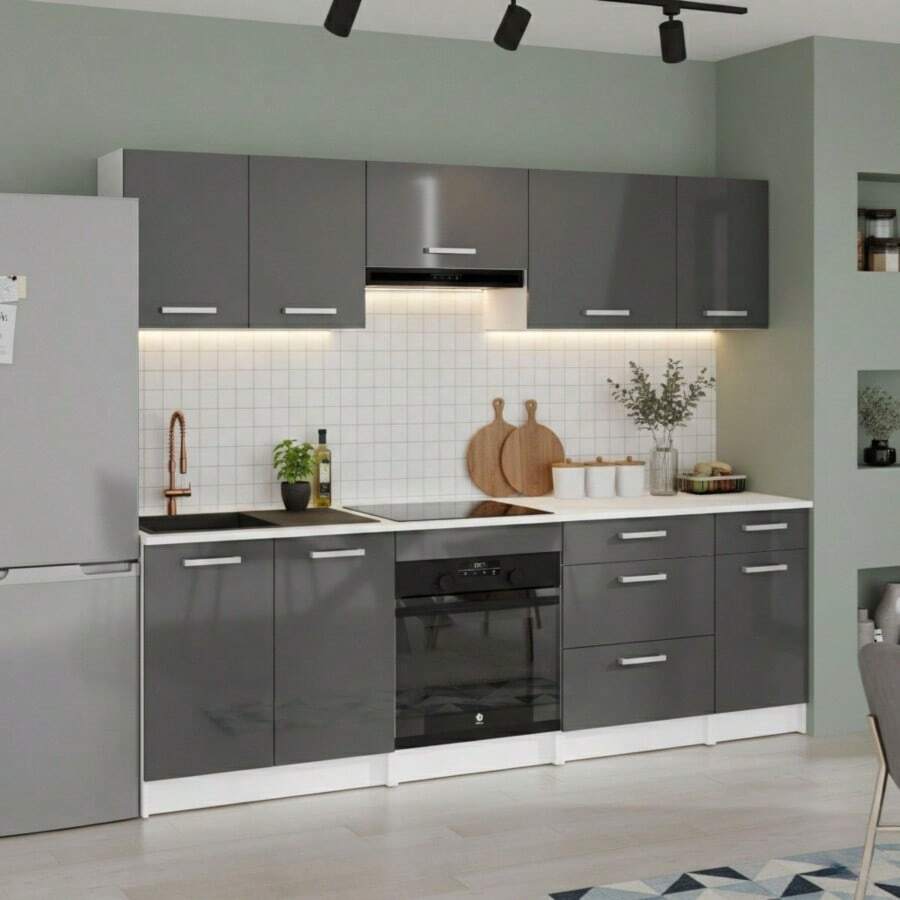 Miroytengo Conjunto de móveis de cozinha Vetro branco brilhante cinza, 8 módulos, 240 cm de largura: 4 armários altos com 2 portas e coifa, 60 e 40 cm com 1 porta; armários de base com pia e 2 portas, módulo de forno 60x60, 3 gavetas, 40 cm com 1 gaveta e 1 porta; bancada branca. - Cinza - Ver 1