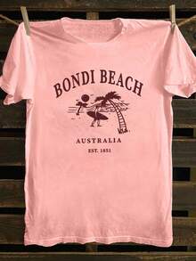 女士夏季休闲宽松邦迪海滩印花T恤，日常街头风T恤，可爱沙滩上衣 - 粉色 - 查看 4