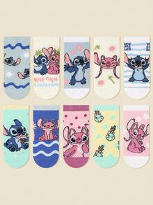 Disney 1/5/10 Pairs Socks For Kids, Spring & Summer, Playful & Cute Cartoon Ice Cream Stitch/Angel Pattern Decor, Minimalist Fashion Casual Short Socks, Skin-Friendly Soft Comfortable Breathable Sports Socks, Suitable For Daily Wear, Holiday Gifts, Traveling, Back To School, Random Color & Style - Multicolor - View 1