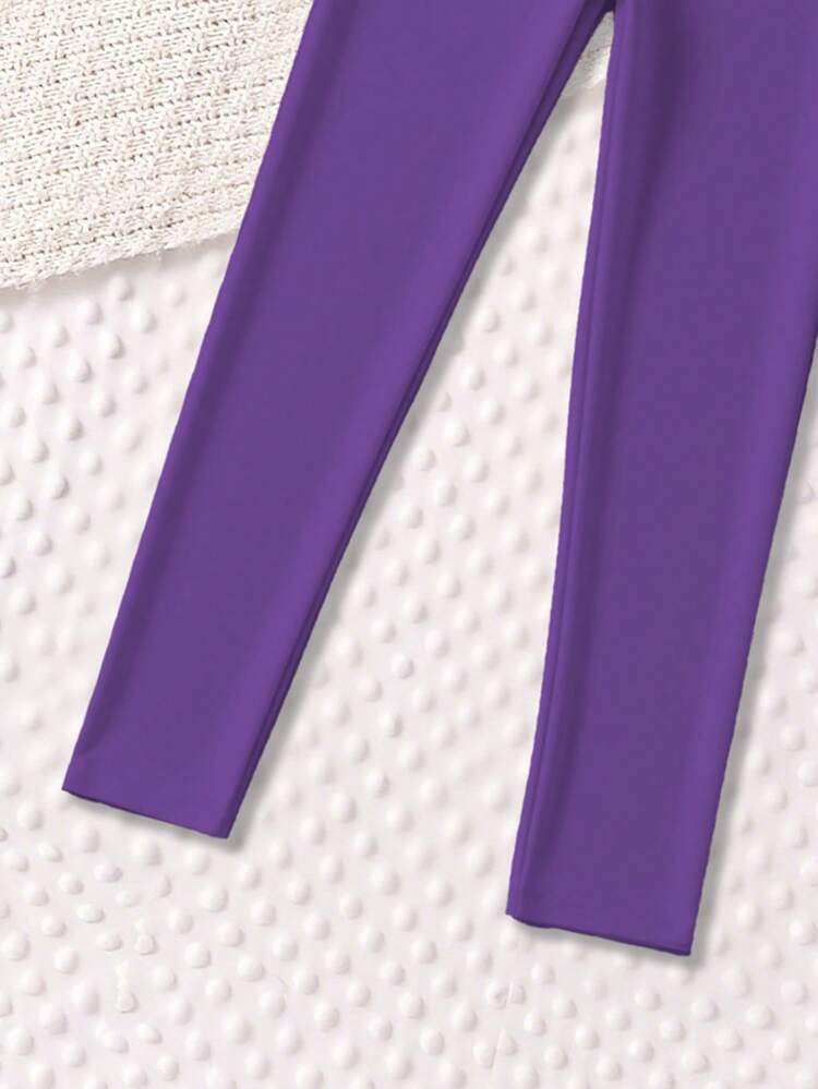 Girls' High Waist Heart Print Leggings, Elastic Slim Fit Leggings, Children Casual Sports Pants, Students School Dance Versatile Leggings, Ins Style Heart Leggings For Toddlers & Young Girl - Purple - View 6