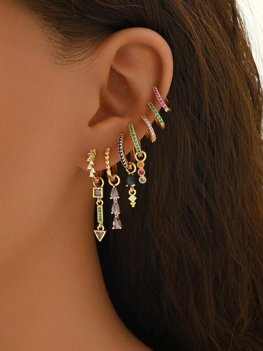 7件套欧美时尚水滴耳环，简约立方氧化锆圈形耳环，女士奢华优雅耳环 - 彩色 - 查看 1