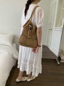 新款春夏大容量镂空流苏单肩包，女士度假风沙滩编织包 - 彩色 - 查看 9