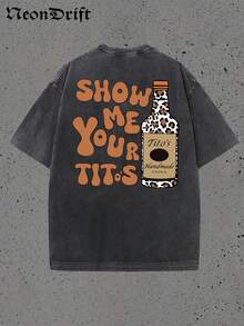 Show Me Your Tito's Vodka Cartoon Letter Print Street Style, Korean-Style Comfortable Retro Fashion Commuting Versatile Y2K Women's Clothing, Regular Niche Punk Style Black Fitted Round Neck Short Sleeve Washed T-Shirt, Washed Retro Series Comfortable Pure Cotton T-Shirt, Easily Create Retro Casual Wear, Suitable For Daily Commuting, Casual Outings, Everyday Wear, Classic Retro Style Women's Clothing - 黑色 - 查看 3