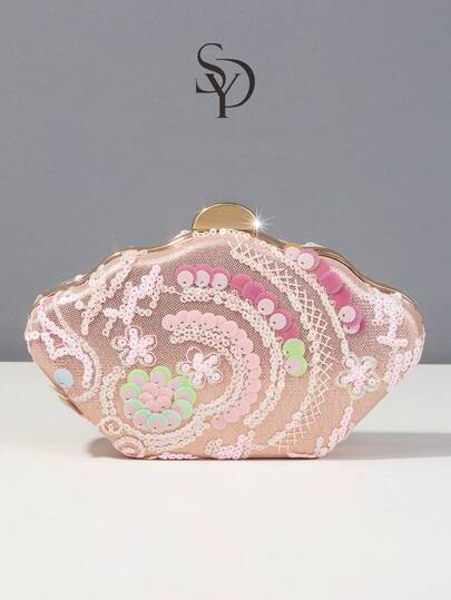 1pc Floral Sequin Pattern Handbag, Fashionable Vintage Sequin Embroidered Flower Chain Evening Bag, Random Cut Design, Suitable For Women, Applicable For Party, Wedding, Banquet, Holiday. Especially Suitable For Party, Wedding, Banquet, Can Be Matched With Holiday Party Dress, Evening Dress And Sequin Dress. Best Choice: Elegant And Unique Handbag, Suitable For Bridal Shower, Shiny Sequin Bag, Showcasing Feminine Elegance.