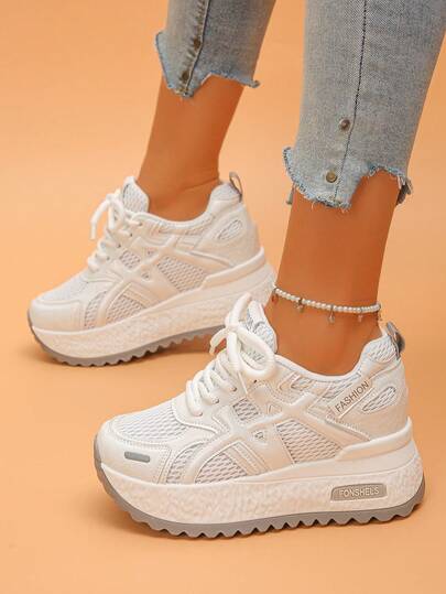 女士厚底坡跟运动鞋，撞色休闲户外系带网眼拼接时尚百搭厚底鞋