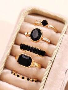 5pcs Set Fashionable Exquisite Luxury Versatile Casual Elegant Rhinestone Black Gemstone Gold Alloy Rings, Suitable For Girlfriend, Wedding Engagement - Multicolor - View 1