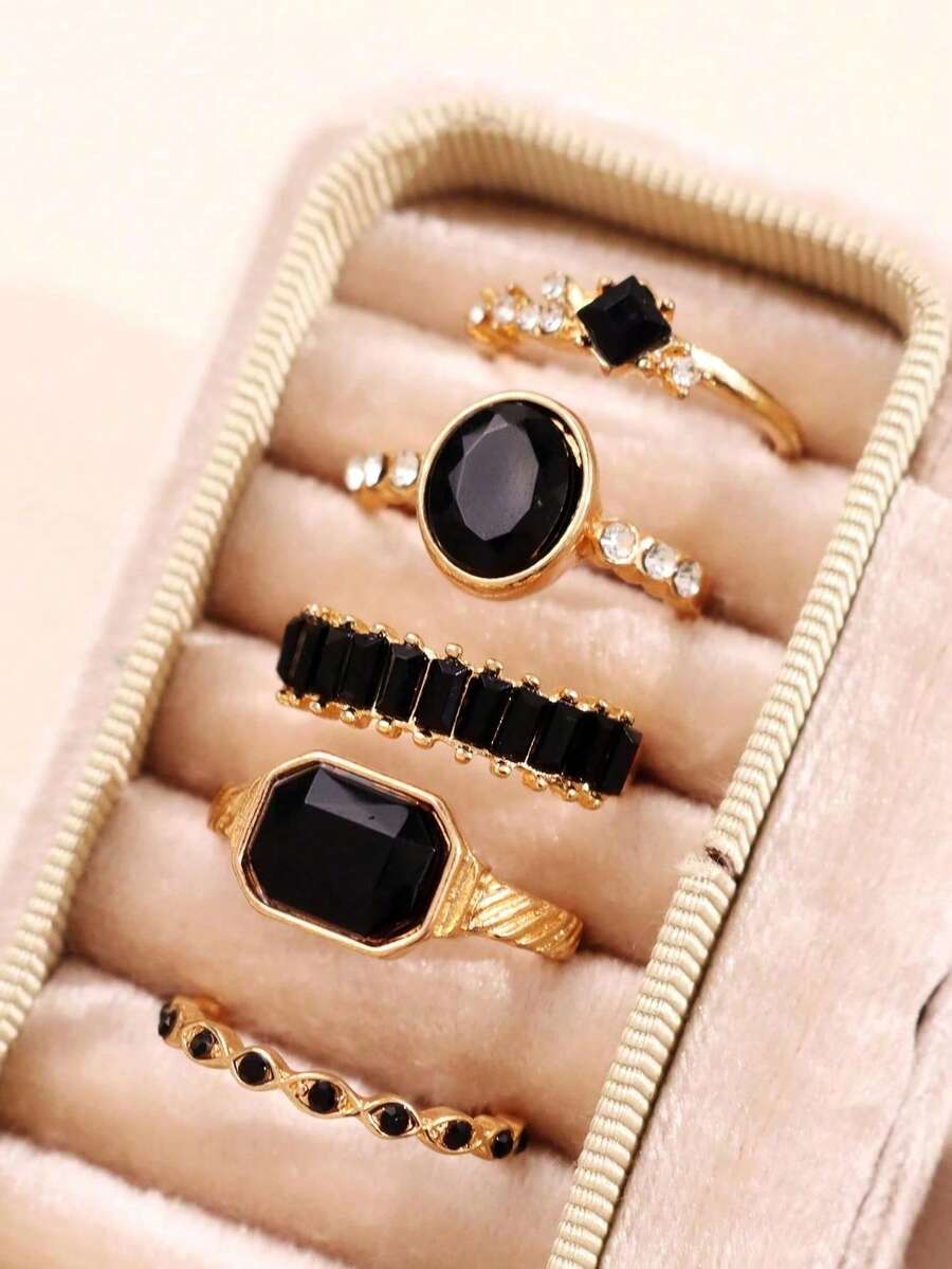 5pcs Set Fashionable Exquisite Luxury Versatile Casual Elegant Rhinestone Black Gemstone Gold Alloy Rings, Suitable For Girlfriend, Wedding Engagement - Multicolor - View 1