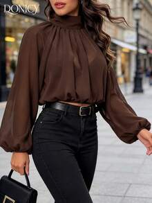 DONICY Blusa curta feminina castanha transparente com gola alta e mangas lanterna, top elegante para primavera e outono, escritório e casual - Castanho Café - Ver 3