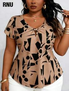Plus Size Women Geometric Pattern Front Tie Blouse, Suitable For Daily Wear, Evening Date, Holiday, Wedding, School, Vacation, Work, Home, Birthday Party, Dates - Camel - View 5